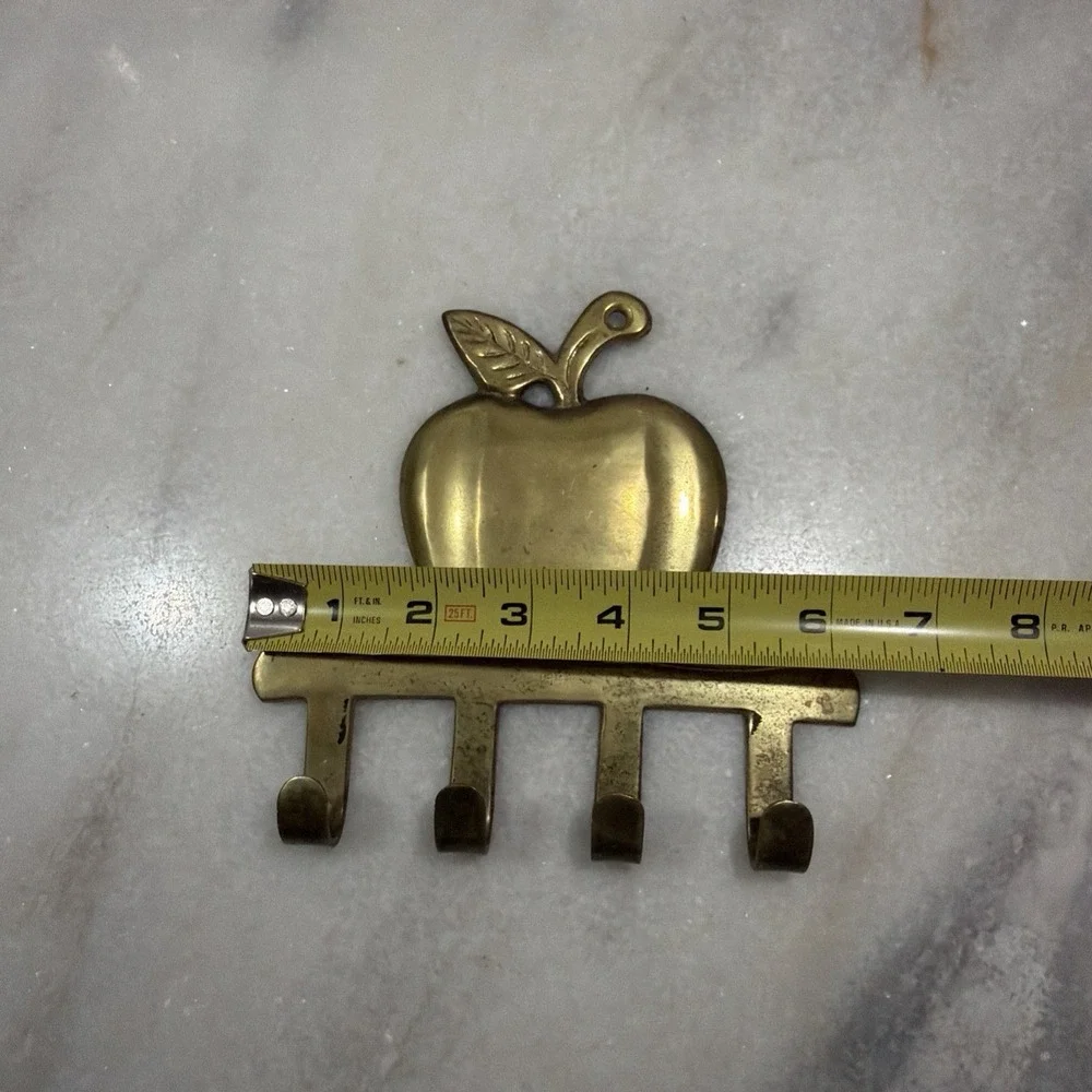 Vintage Brass Apple Wall Hook Rack 4 Pegs Kitchen Entryway Decor